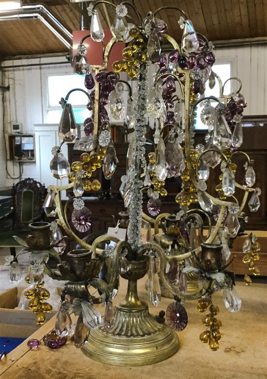 Pair of Bohemian gilt, brass & lustre hung 3-branch candelabra
